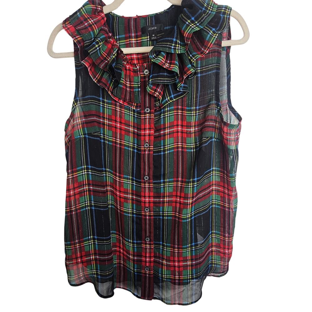 J. Crew Womens Stewart Tartan Plaid Blouse Ruffle Neck Size M Preppy Academia
